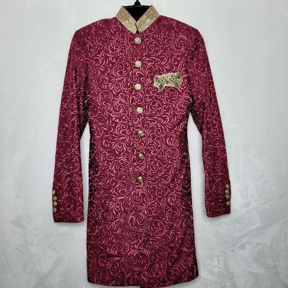 Diwan Saheb Brocade Silk Linen Wool Sherwani Jacket Burgundy Gold Mens XS‎